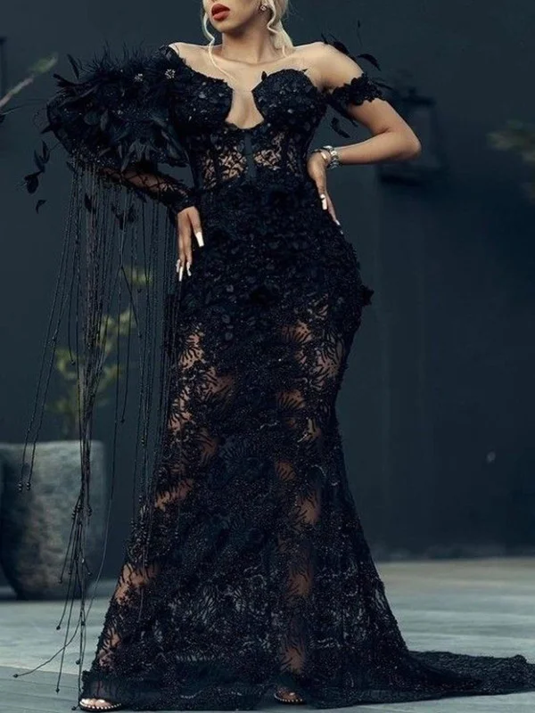 One-Shoulder Long Sleeve See-Through Black Lace Empire Maxi Dress