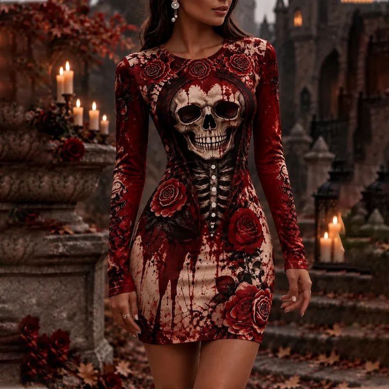 Comstylish Women's Halloween Skeleton Skull Rose Blood Stain Print Bodycon Long Sleeve Mini Dress