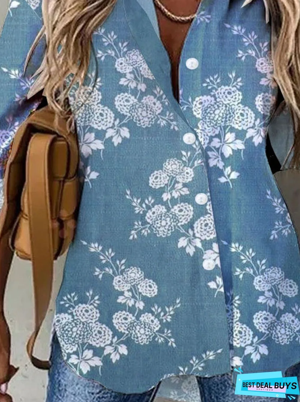 Loose Stand Collar Vacation Printed Tunic Shirt