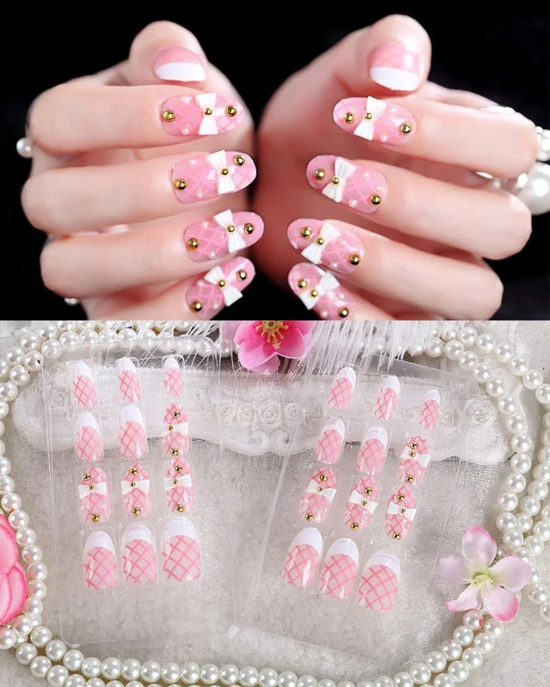 24Pcs/Set Fake Nails Press on Girls Finger Beauty False Nail Art Tips Bright Shining 3D Diamond Full Cover French Nail Art Tips-Nail Inspo