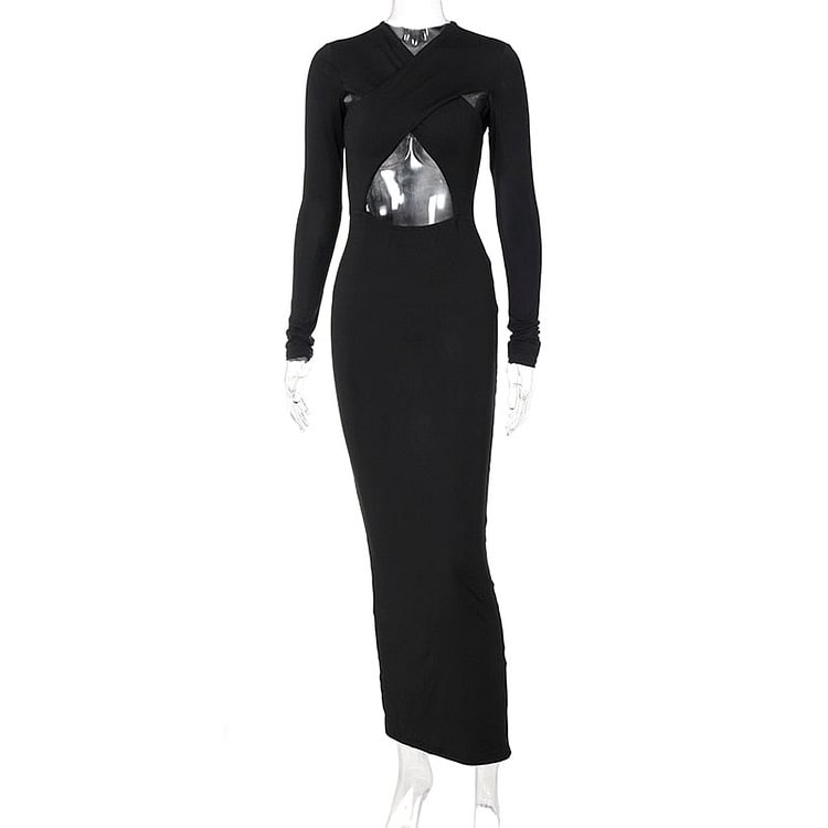 Hugcitar 2021 Long Sleeves Hollow Out Sexy Maxi Dress Summer Autumn Women Fashion Streetwear Outfits Party Elegant Wear