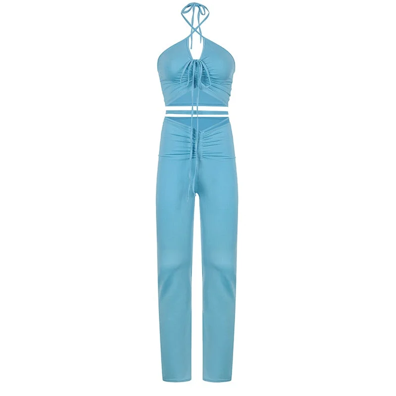 BIIKPIIK Halter Criss-Cross Crop Top And Women's Drawstring Pants Matching Sets Skinny Hollow Out Sexy Two Piece Set For Women