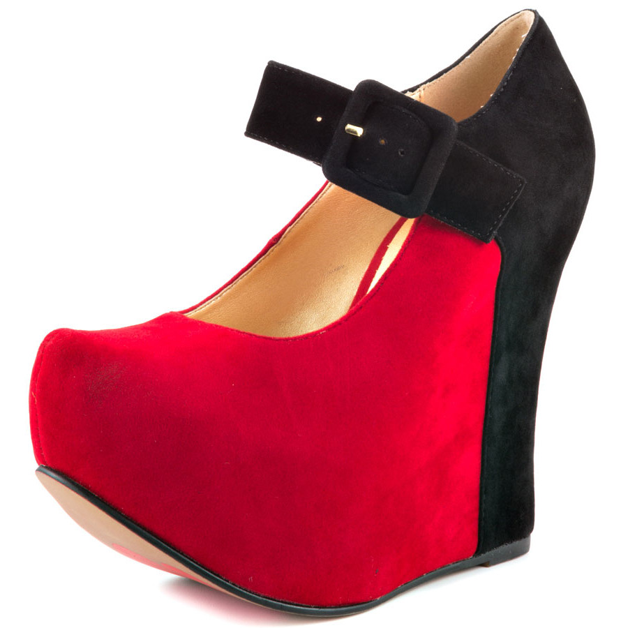 GOOSHOE Red and Black Suede Closed Toe Wedge Platform Pumps