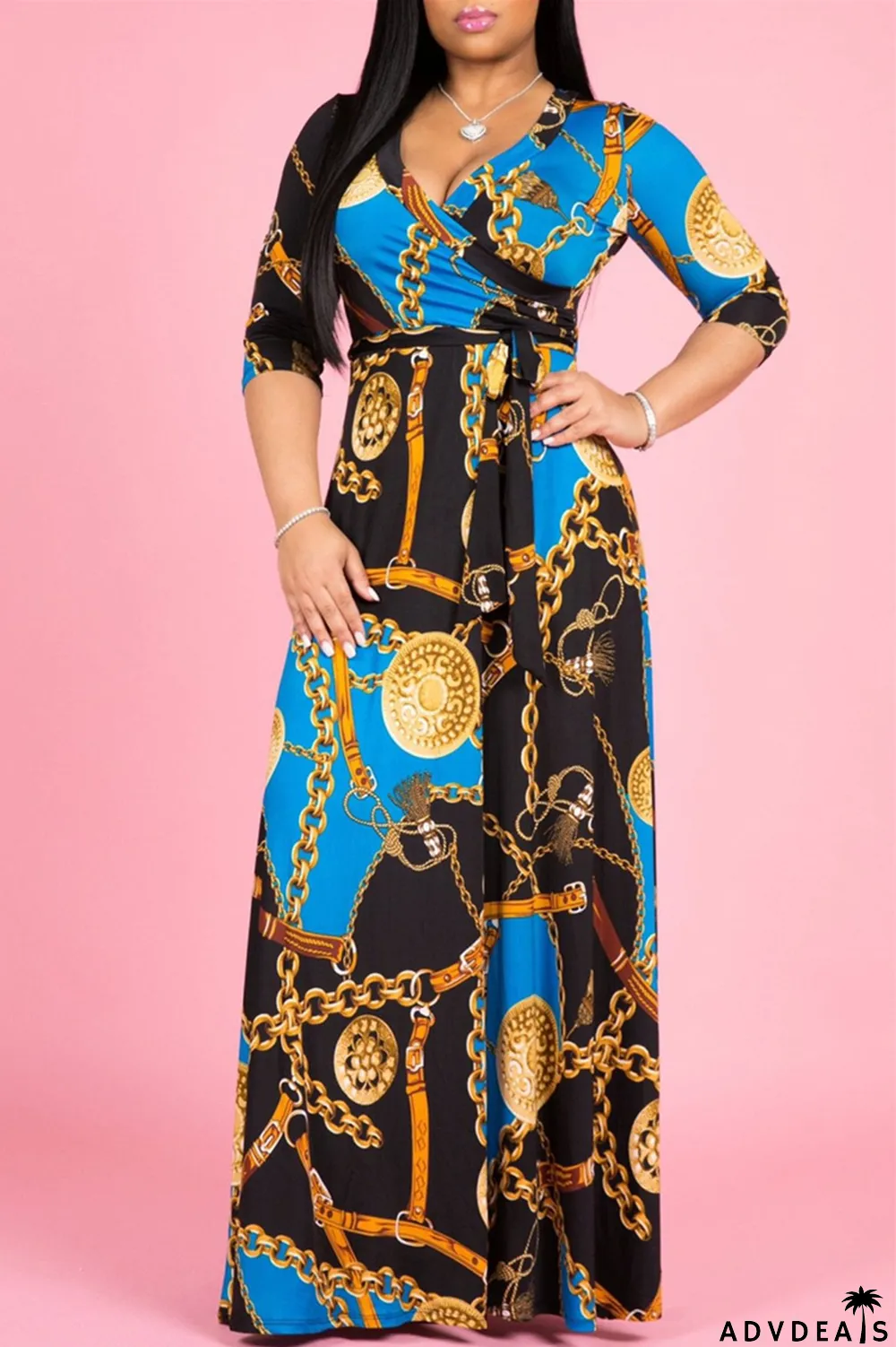 Multi-color Fashion Casual Print Bandage V Neck Long Sleeve Dresses