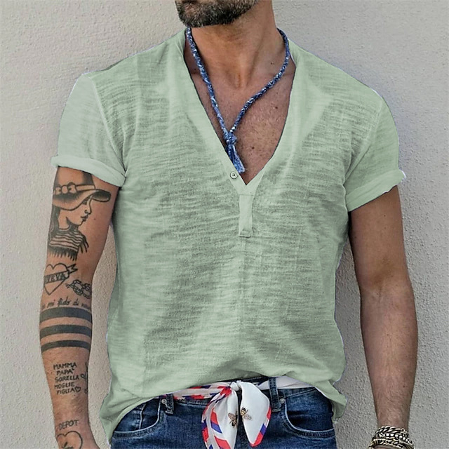 Men's Henley Casual T-shirt Short Sleeve Summer Top
