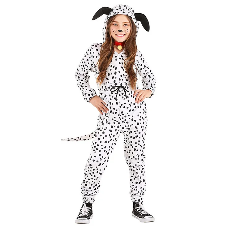 Kids Children Cruella Spotted Dog White Jumpsuit Outfits Cosplay Costume Halloween Carnival Suit
