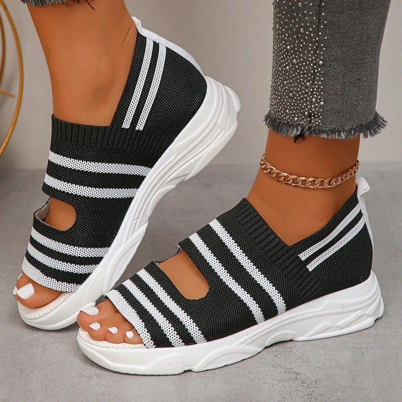 Breakj Stripe Knitted Wedge Sandals Women 2024 Cover Heels Platform Sandles Woman Plus Size Summer Thick Sole Beach Sandalias