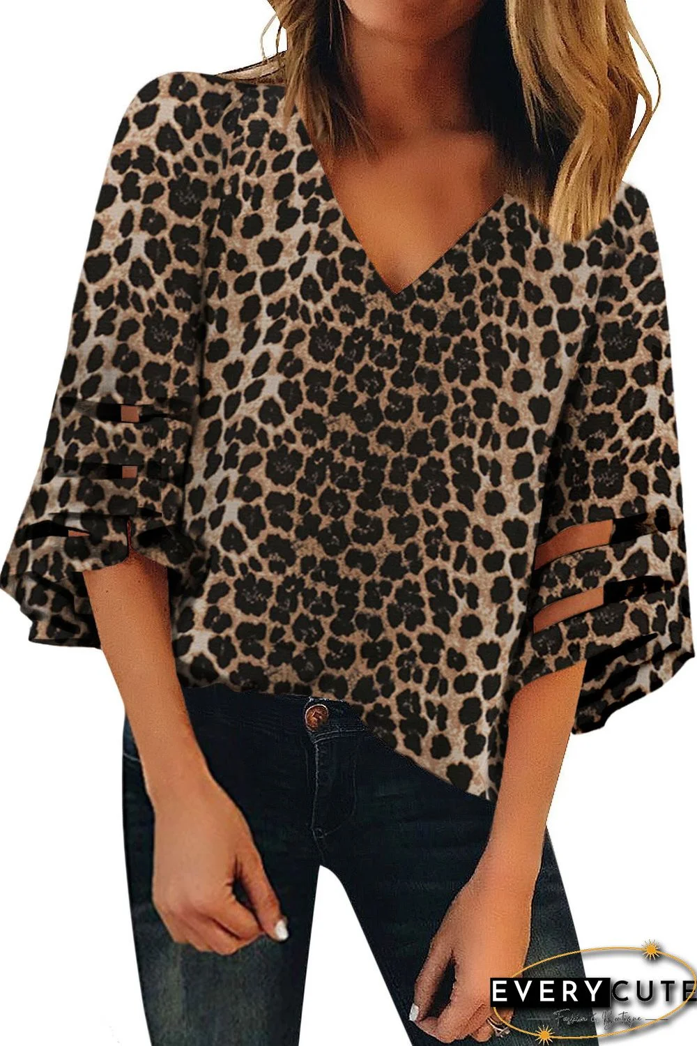 Leopard 3/4 Flared Sleeve Blouse