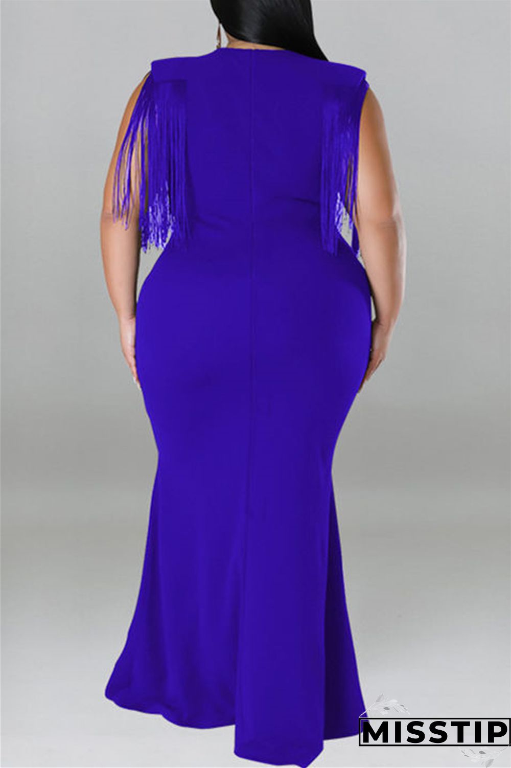 Blue Casual Plus Size Solid Tassel Patchwork V Neck Long Dress