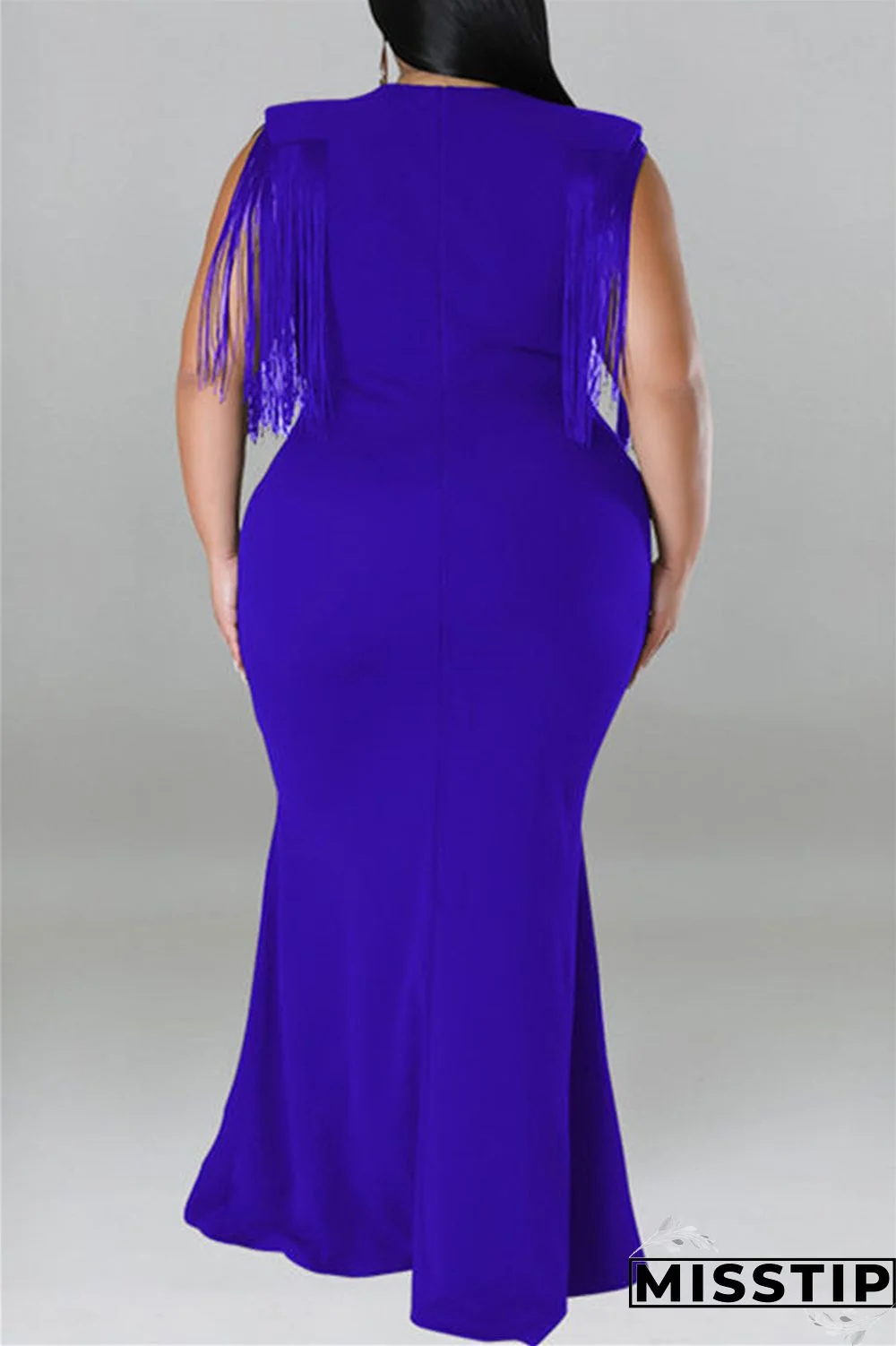 Blue Casual Plus Size Solid Tassel Patchwork V Neck Long Dress