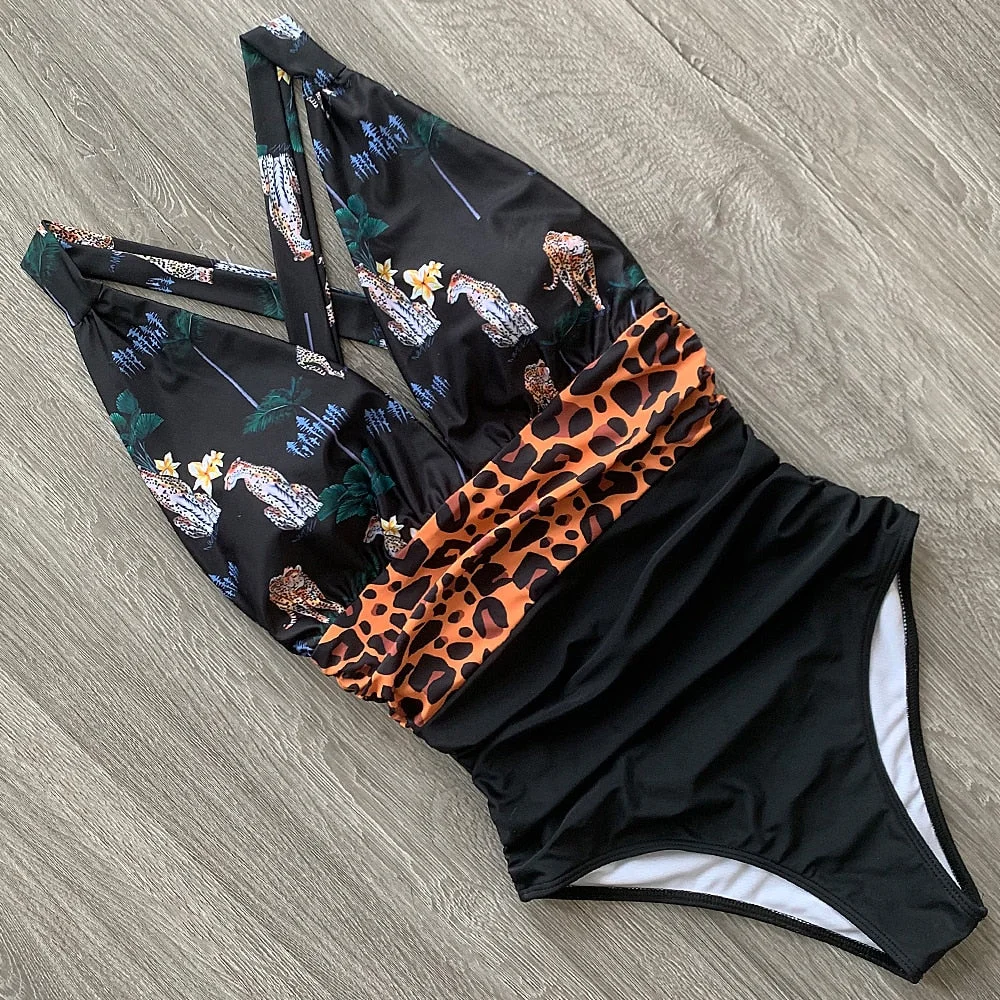 2022 New Sexy One Piece Swimsuit Female Floral Women Swimwear Push Up Bathing Suits Bodysuits Beach wear Deep V-neck Monokini