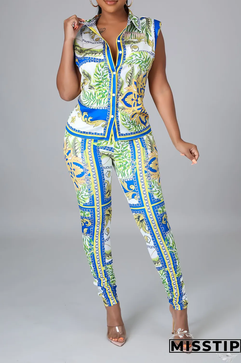 Blue Sexy Print Patchwork Turndown Collar Sleeveless Two Pieces