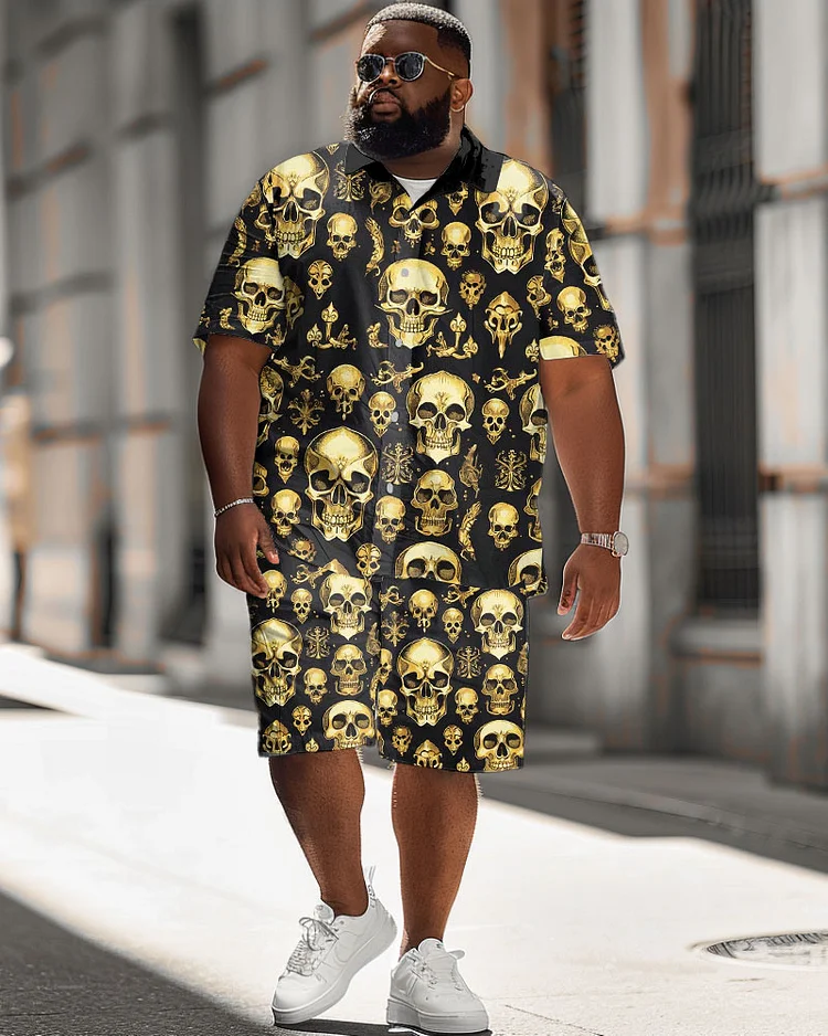 Men's Plus Size Street Casual Skull Print Shirt Shorts Suit