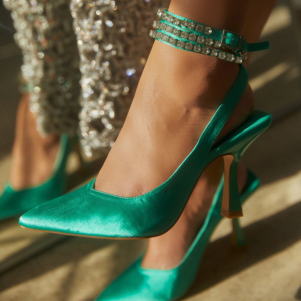 Green Satin Pointed Toe Flared Heel Slingbacks with Spots  Nicepairs