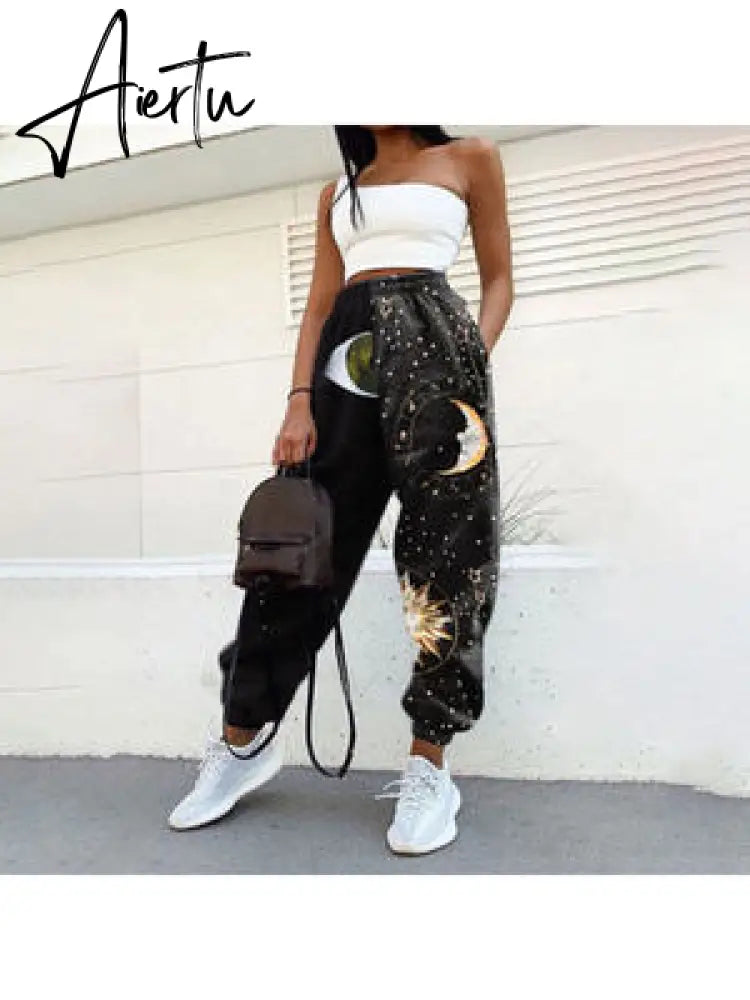 Pants Women Fashion High Waist Wide Leg Sweatpants Autumn Streetwear Casual Elastic Patchwork Joggers Woman Soft Trousers Aiertu