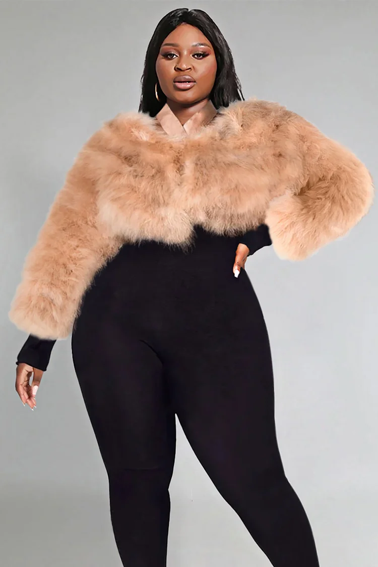 Plus Size Daily Outerwear Apricot Long Sleeve Faux Fur Outerwear [Pre-Order]