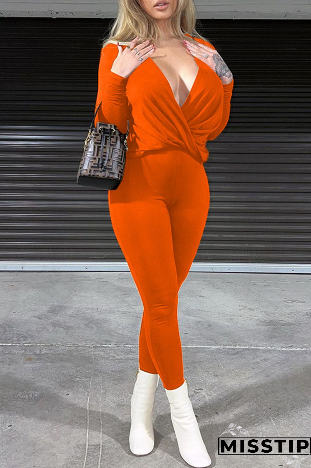 Orange Casual Solid Patchwork V Neck Long Sleeve Two Pieces