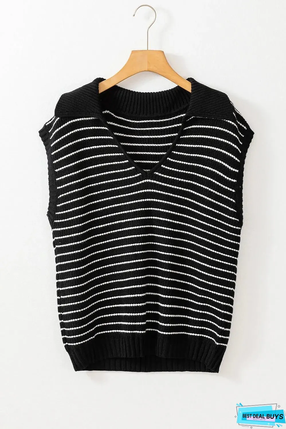 Black Stripe Turn-down V Neck Sweater Tank Top