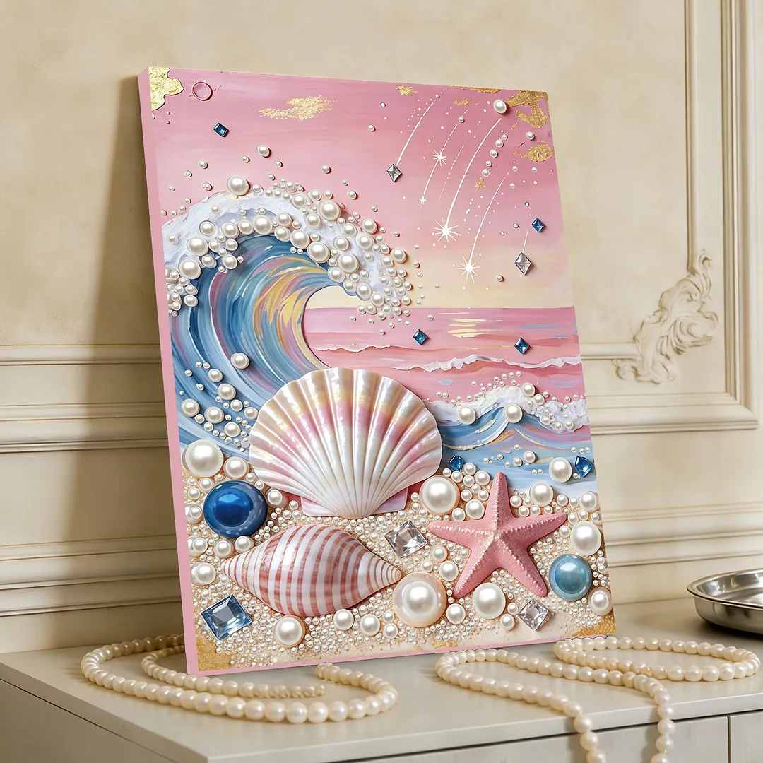 Beach and Waves DIY Pearl Painting Kit with Frame 30x40cm Pearl Gem Paintings Picture Arts Craft for Adults Beginners Gift Home Wall Decor