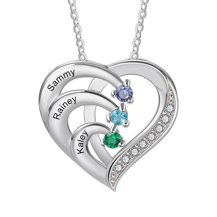 Custom Mom Necklace 3 Engraved Stones 3 First Names Birthstone Intertwined Heart Pendant