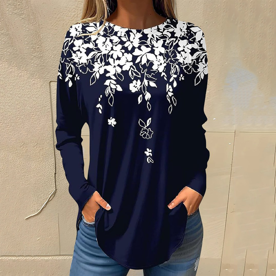 Comstylish Women's Fashion Floral Oil Painting Crew Neck Top