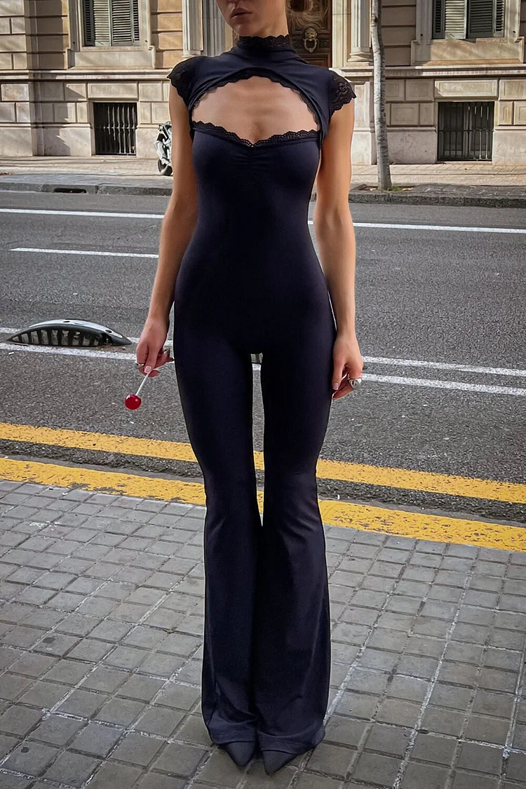 Lace Patchwork Cap Sleeve Open Back Flared Leg Jumpsuit-Black [Pre Order]