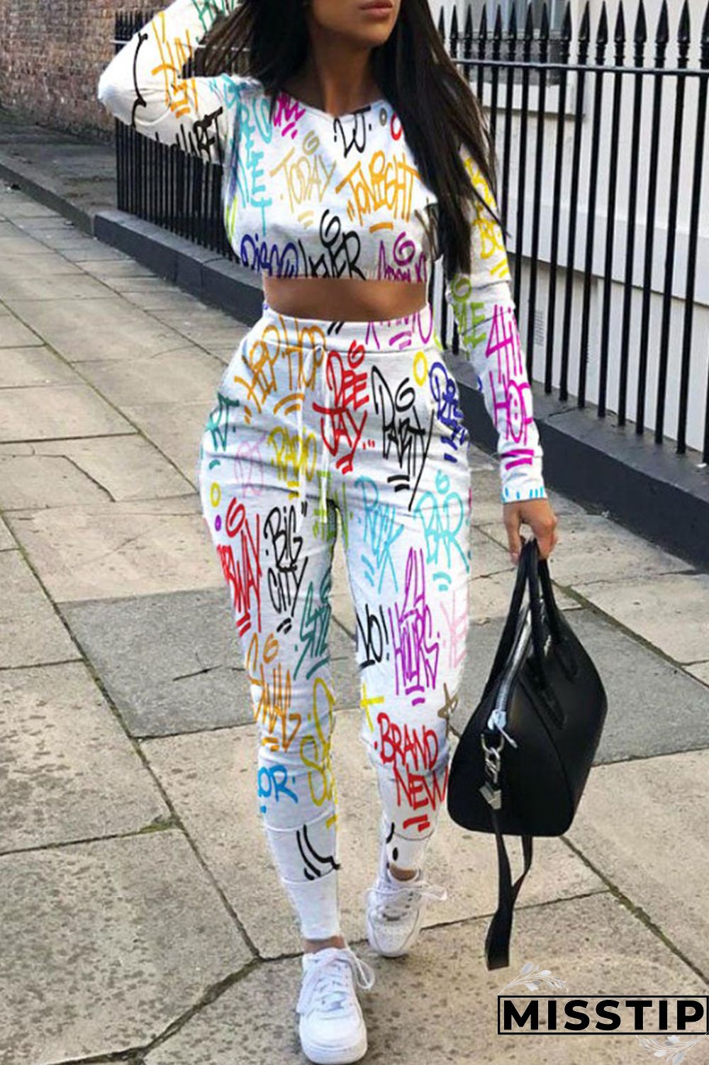 Multi-color Street Print Patchwork O Neck Long Sleeve Two Pieces