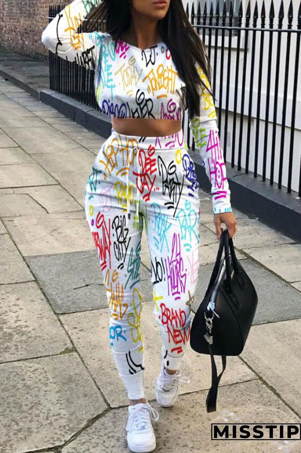 Multi-color Street Print Patchwork O Neck Long Sleeve Two Pieces