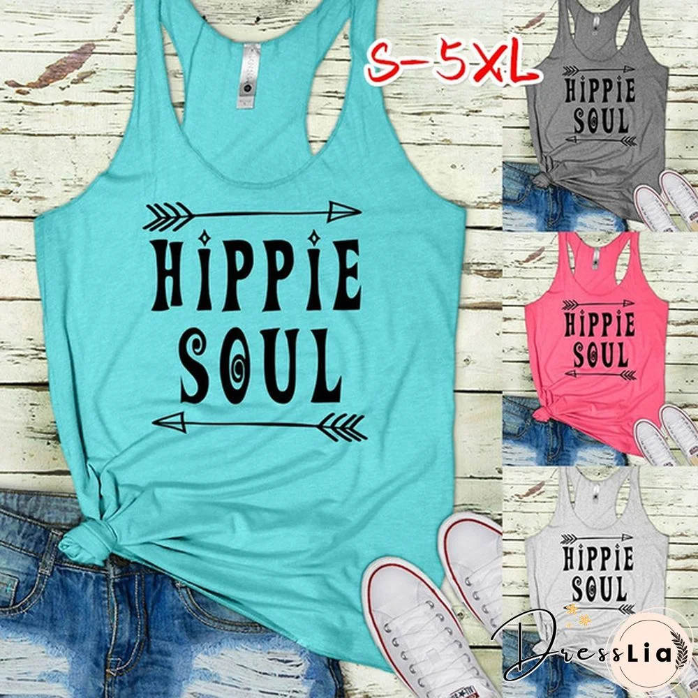 Plus Size Women Fashion Hippie Soul Print Racerback Tank Tops Casual Sleeveless Graphic Tee Shirt Summer Cotton Sport Workout Fintess Yoga Tops Plus Size