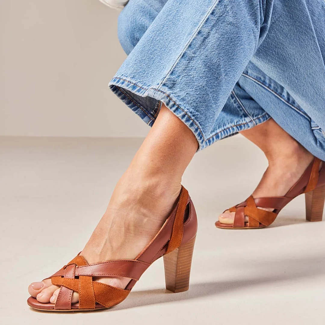 Faux Suede & Vegan Leather Brown woven Inlay Pumps with Block Heel