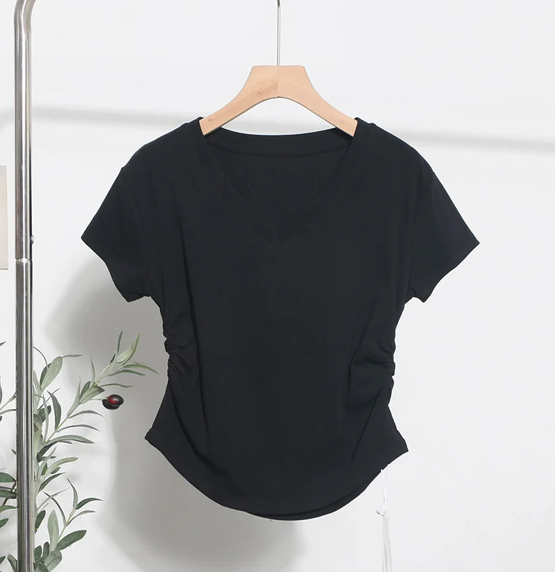 Uveng Recommended For The Summer V-Neck Front Shoulder Short-Sleeved T-Shirt For Girls Slimming Hottie Drawstring Irregular Top 2899