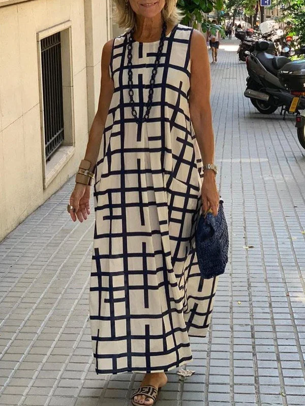 Elegant Plaid Printed Sleeveless Round Neck Maxi Dress