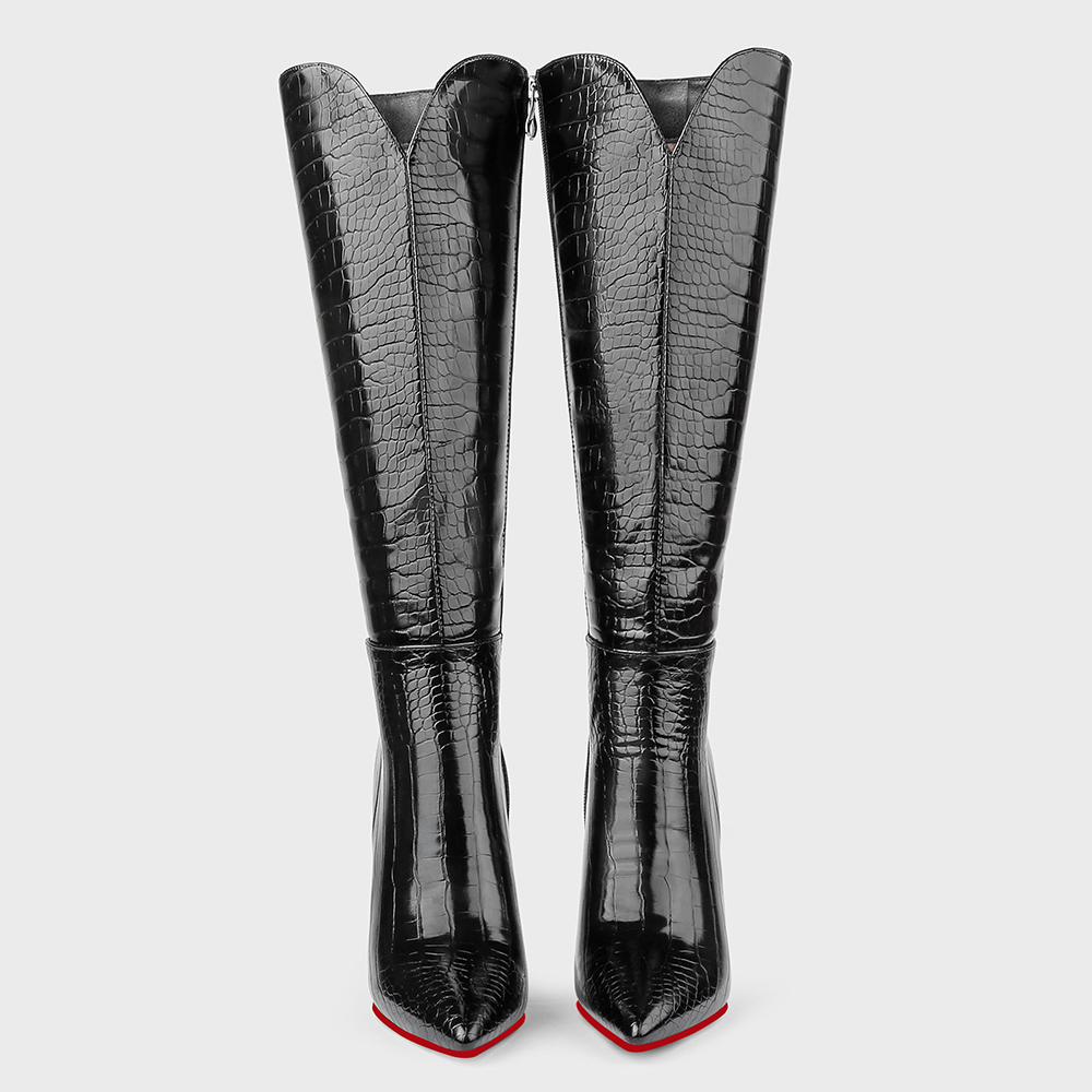 100mm Women's  Knee Boots Croc Leather Red Bottom High Heels Boots-MERUMOTE
