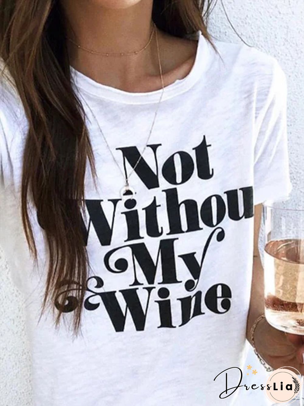 White Letters Printed Short Sleeve Casual Round Neck Shift T-shirt