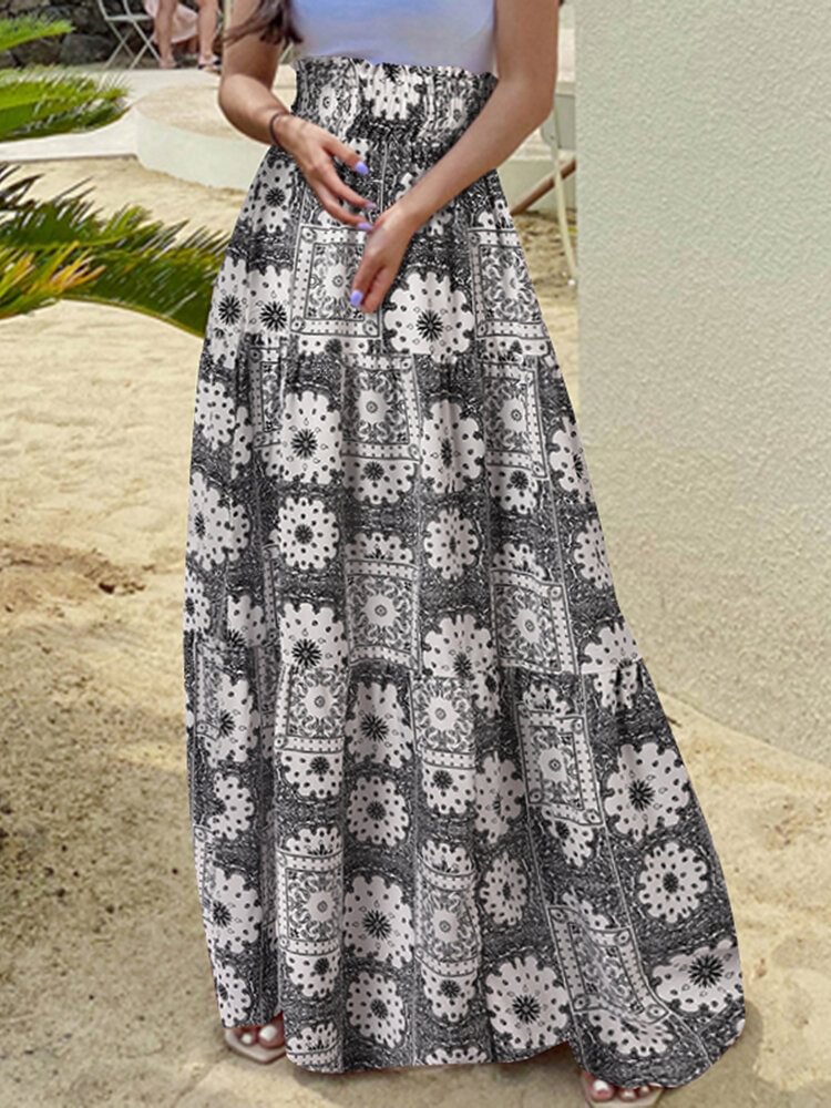 Tribal Print Shirred Elastic Waist Bohemian Women Skirt - BlackFridayBuys