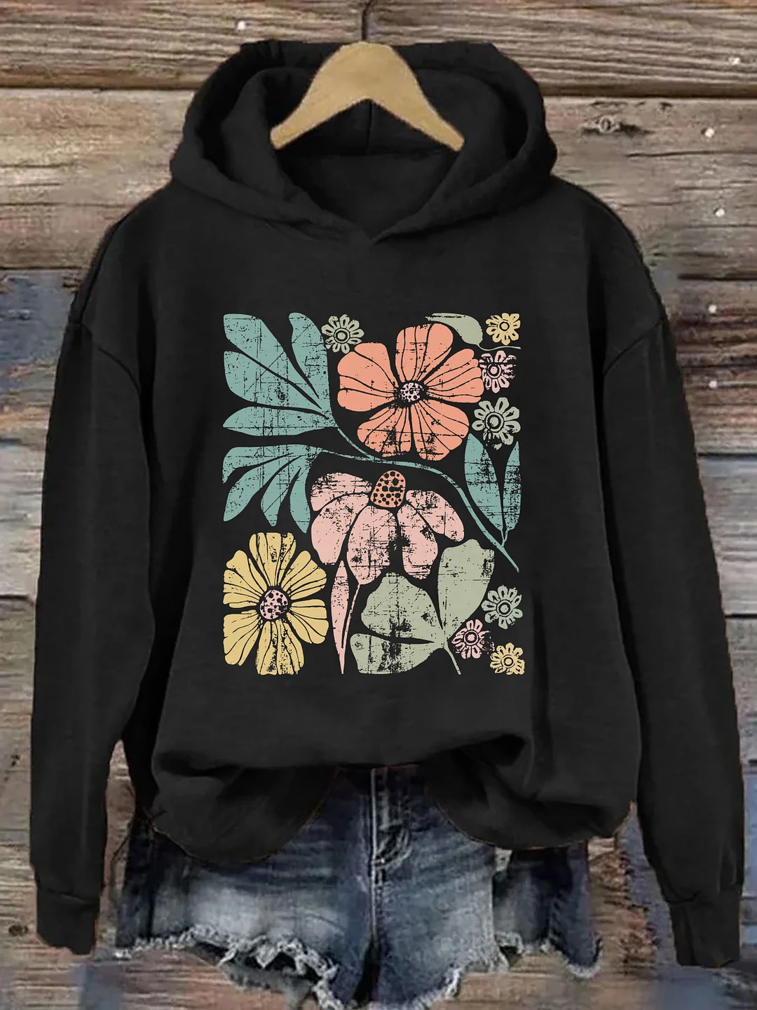 Large Colorful Distressed Flowers Hoodie