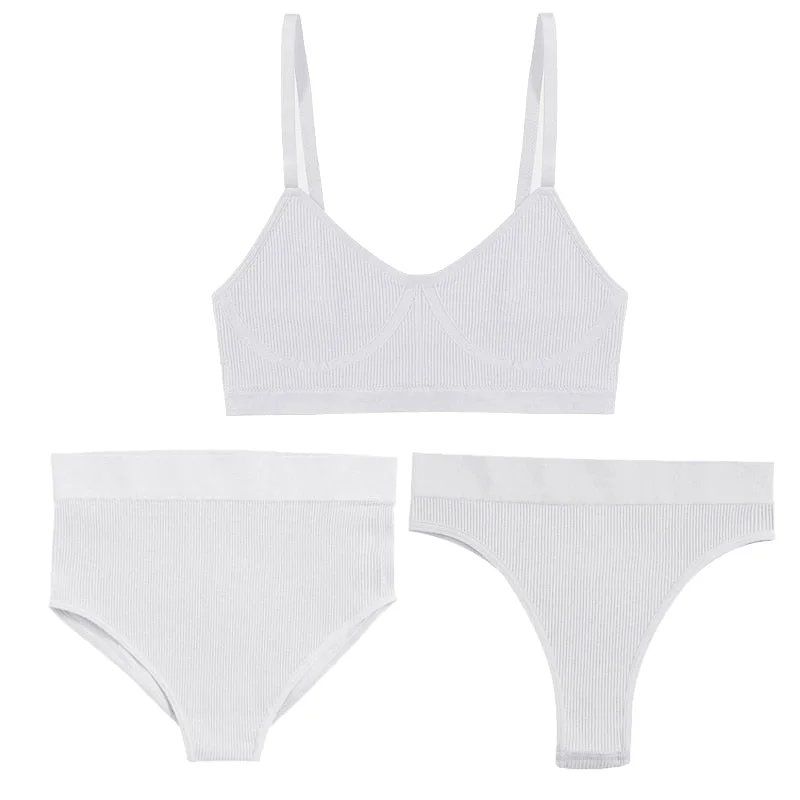 3PCS Bra Set Women Underwear Sexy High Waist Bodyshaper Briefs Thong Panties Female Bralette Lingerie Basic Top Active Brassiere