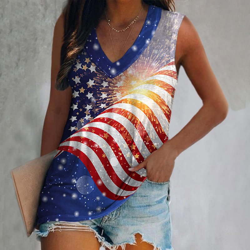 American Flag Fireworks Print Casual V-Neck Vest
