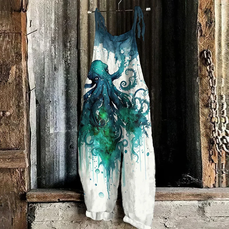 Retro Watercolor Mutated Octopus Print Loose Casual Jumpsuit