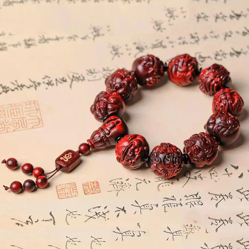 Tibetan Buddhist Red Sandalwood Carving Beads Bracelet 25mm