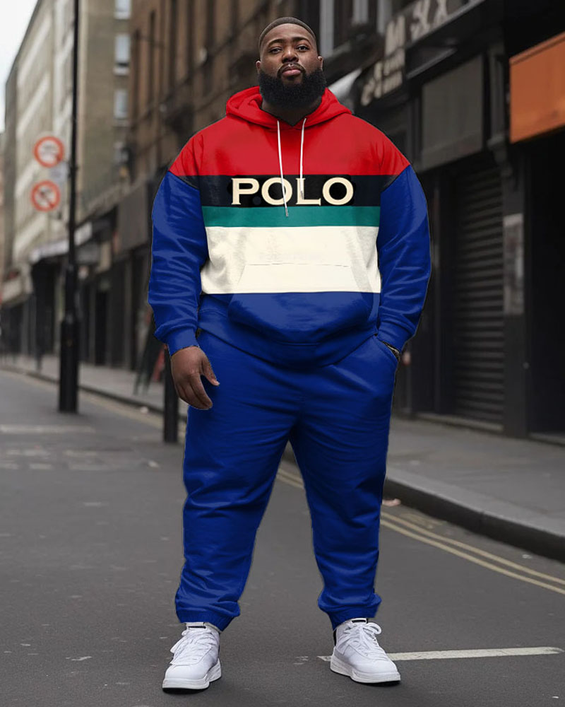 Men's Fashion Stitching POLO Letter Print Plus Size Hoodie Pants Set