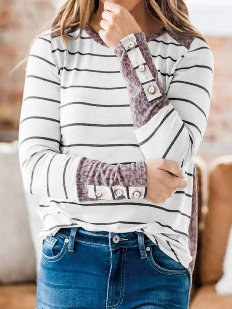 Women Long Sleeve Scoop Neck Striped Button Top