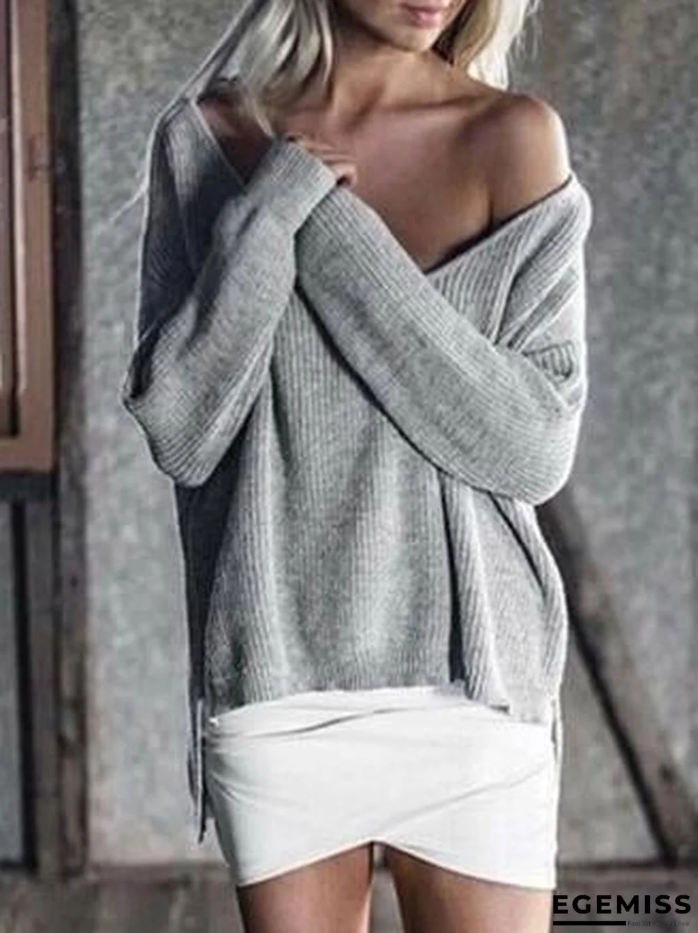 Solid Color Asymmetric V-neck Loose Sweater Tops | EGEMISS
