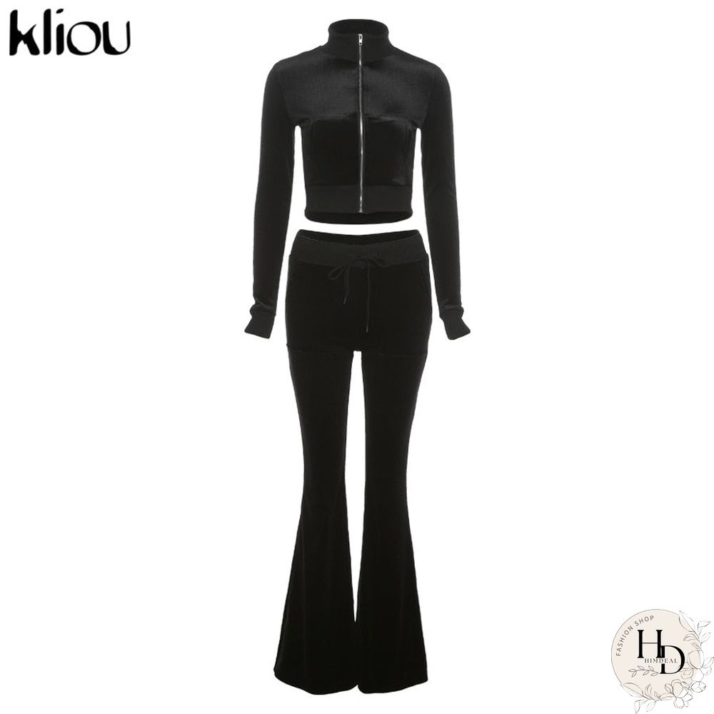 Kliou Solid Velour Two Piece Set Women Simple Casual Zipper Long Sleeve Turtleneck