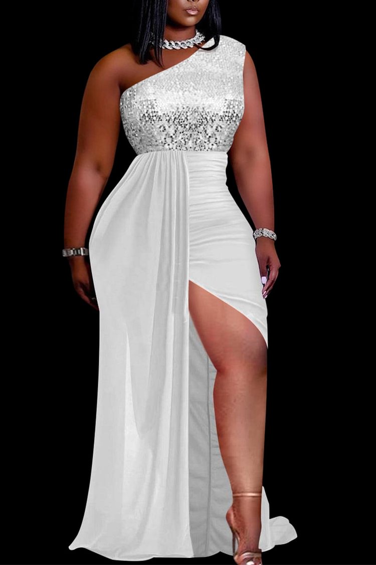 Xpluswear Plus Size Formal Elegant White Sequin High Split Ruched One Shoulder Maxi Dress