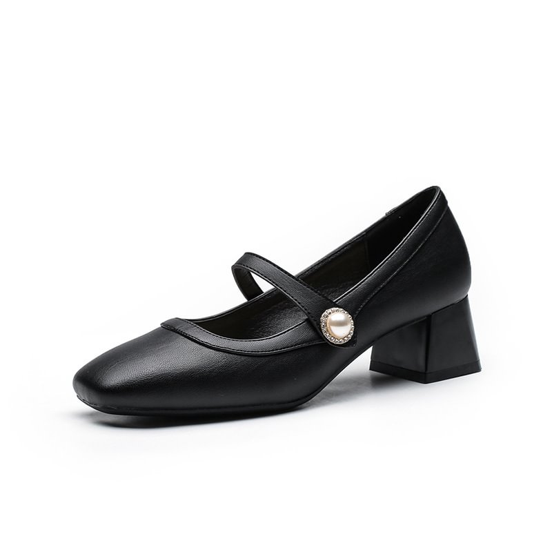 1950s Black Gentle Square Toe Pearl Rough Heel Shoes