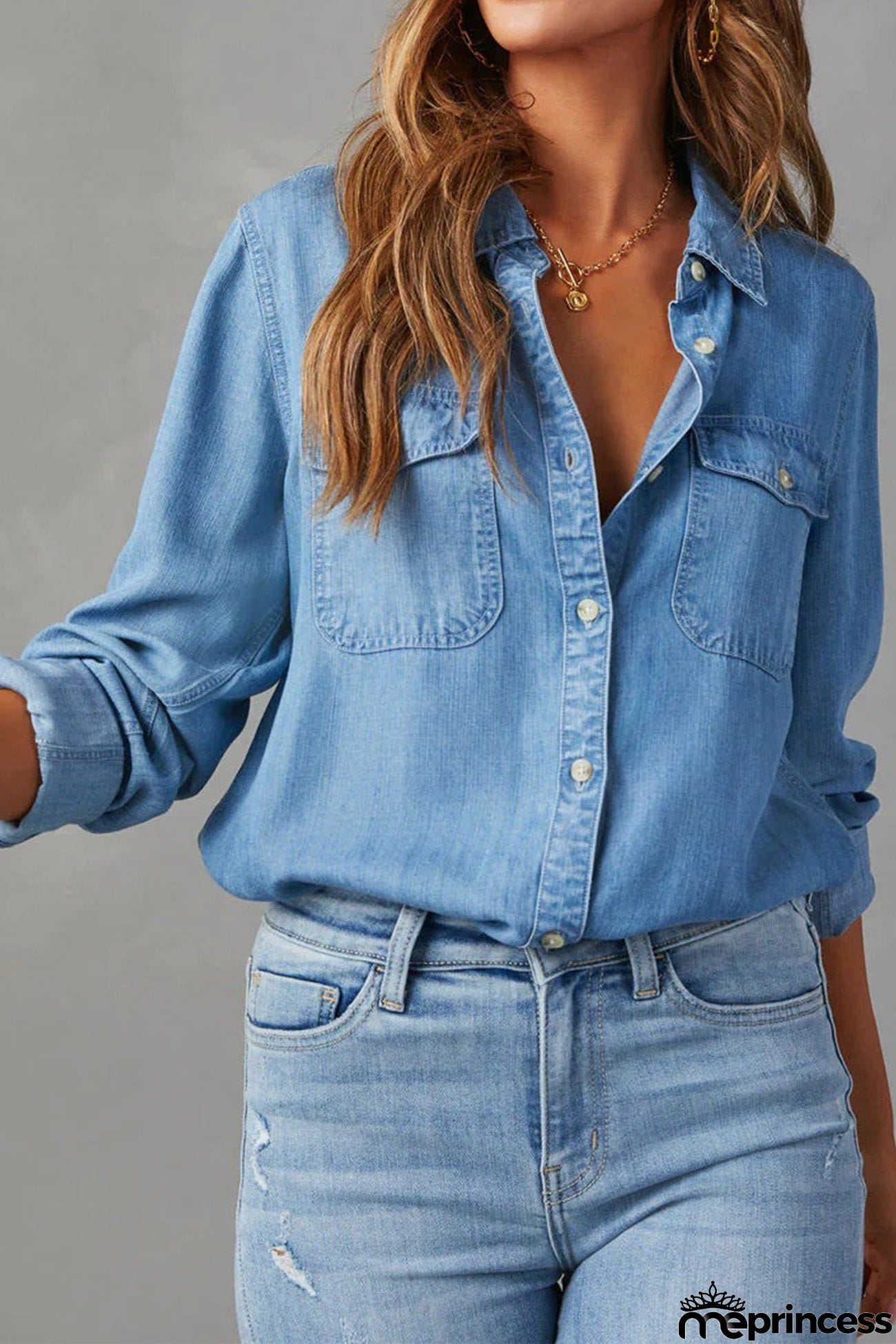 Long Sleeve Button-Up Denim Blouse