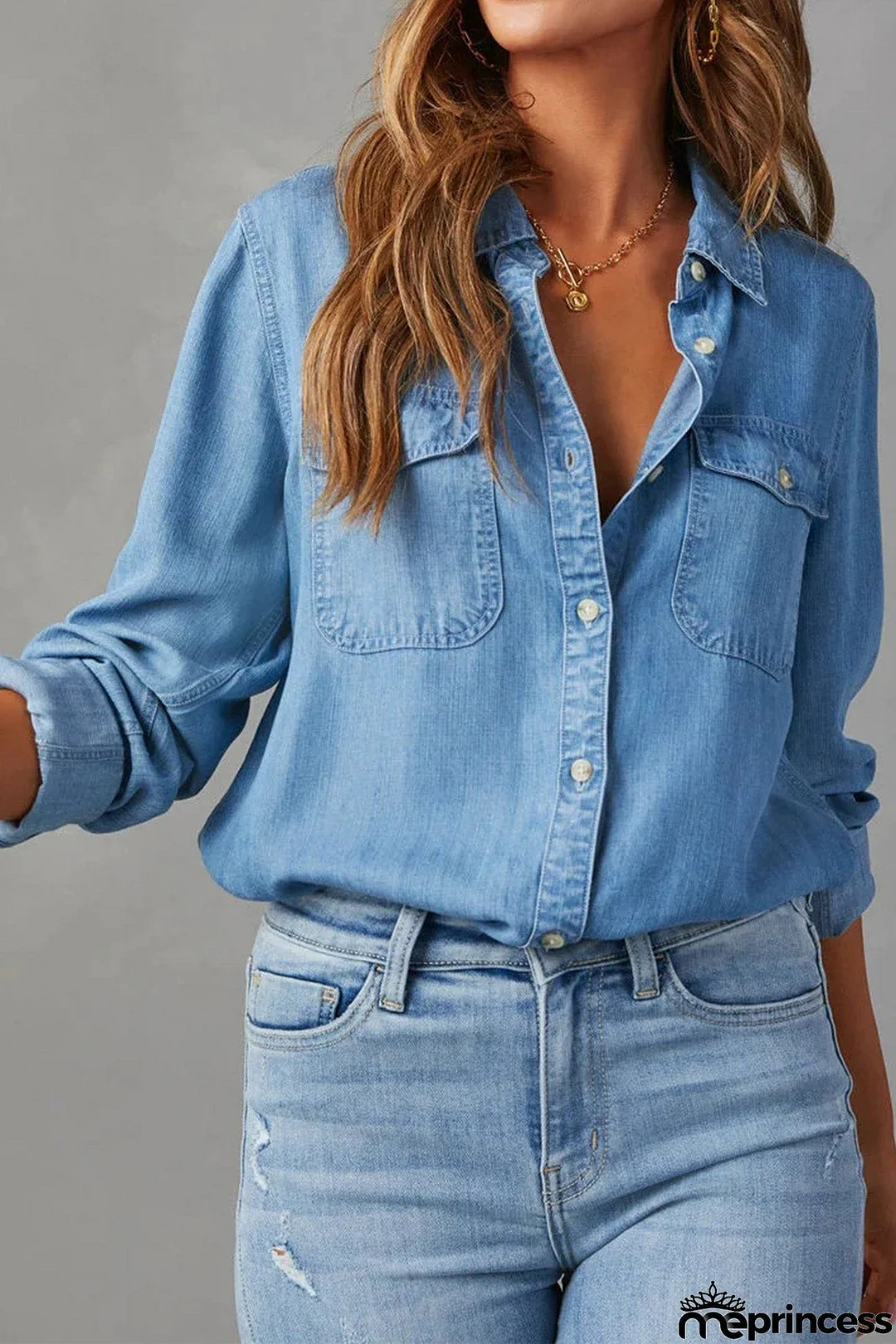 Long Sleeve Button-Up Denim Blouse