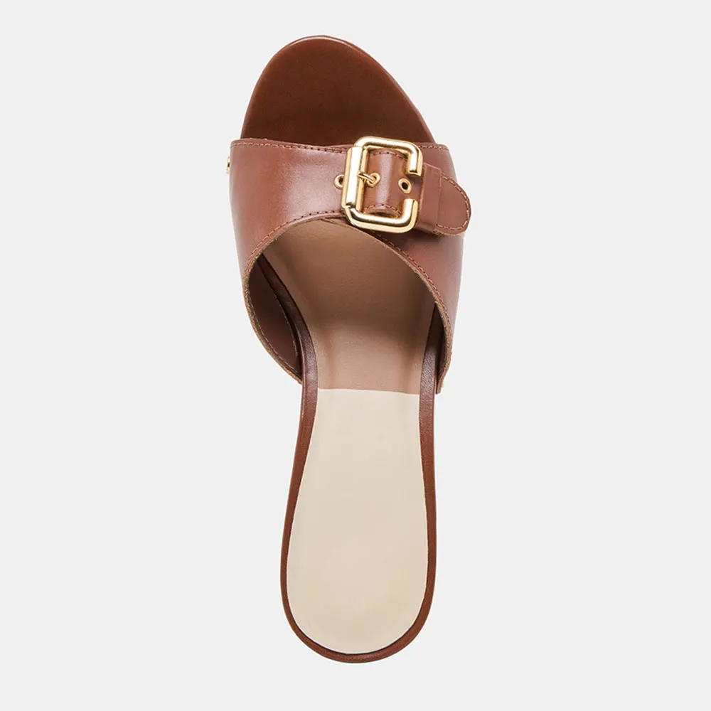 Brown Vegan Leather Open-Toe Buckle Decor Platform Mules with Studs