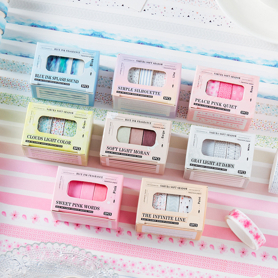 와시 테이프 - 5롤/세트 청모 화페이 시리즈 빈티지 꽃 바다 파도 풍경